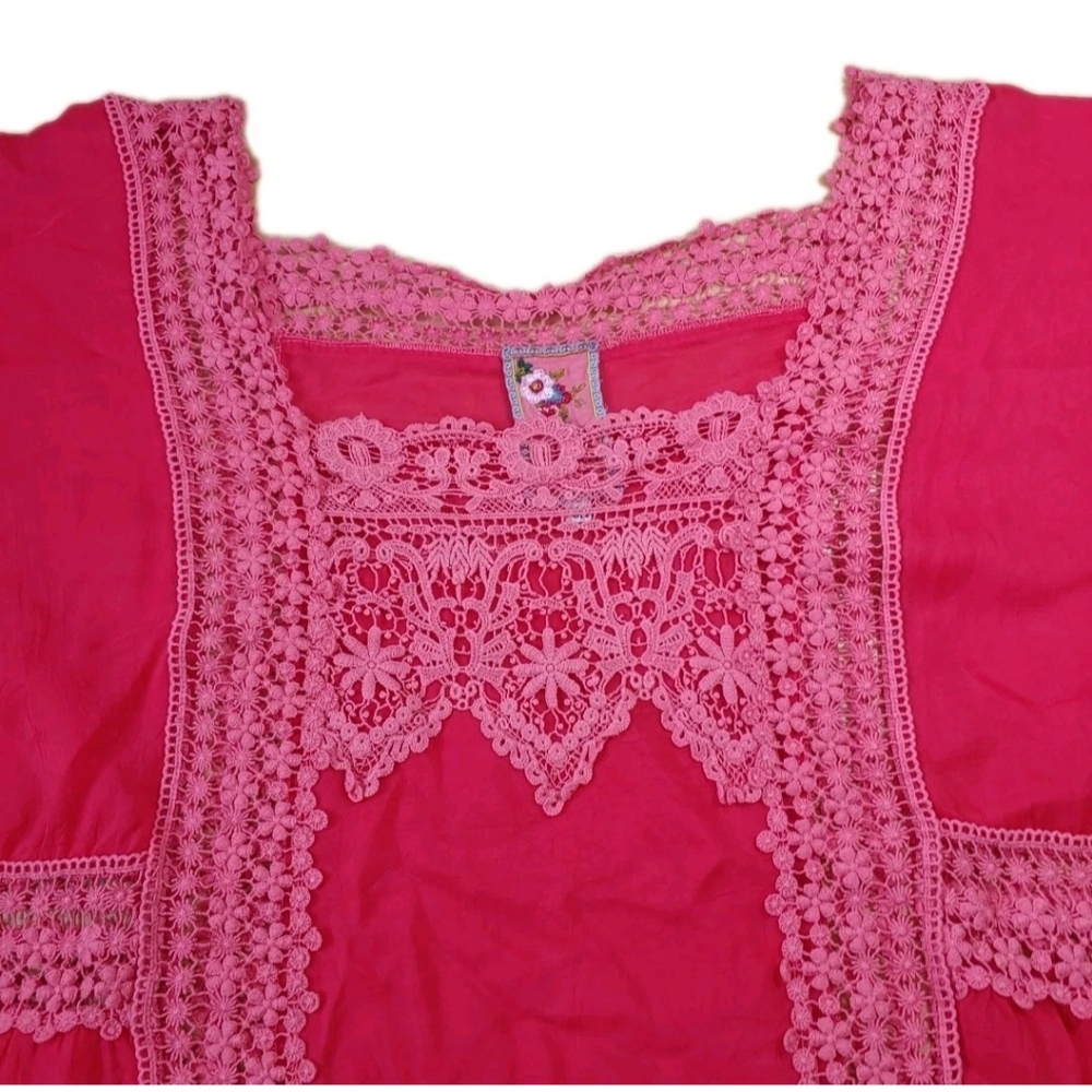 Johnny Was Boho Crochet Lace Georgette Top Woman XXL Crinkle Barbie Pink Coastal - Picture 10 of 15